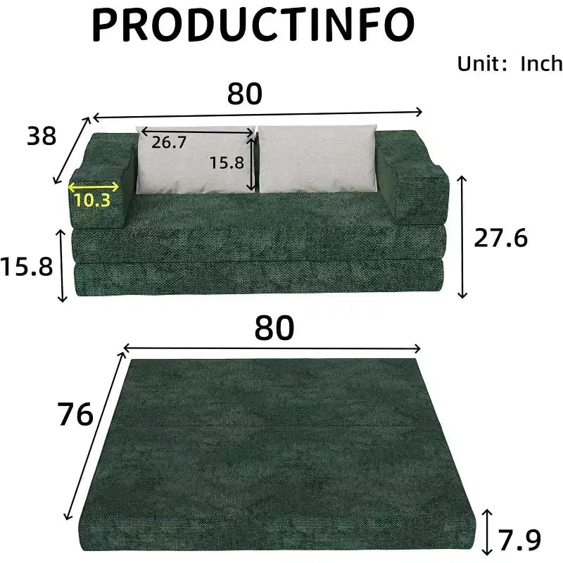 MooxvMoo 80 Convertible Couch Bed with 2 Pillows, 3-Seat Floor Sofa, King Size Sleeper, DIY Combination, Chenille, Green