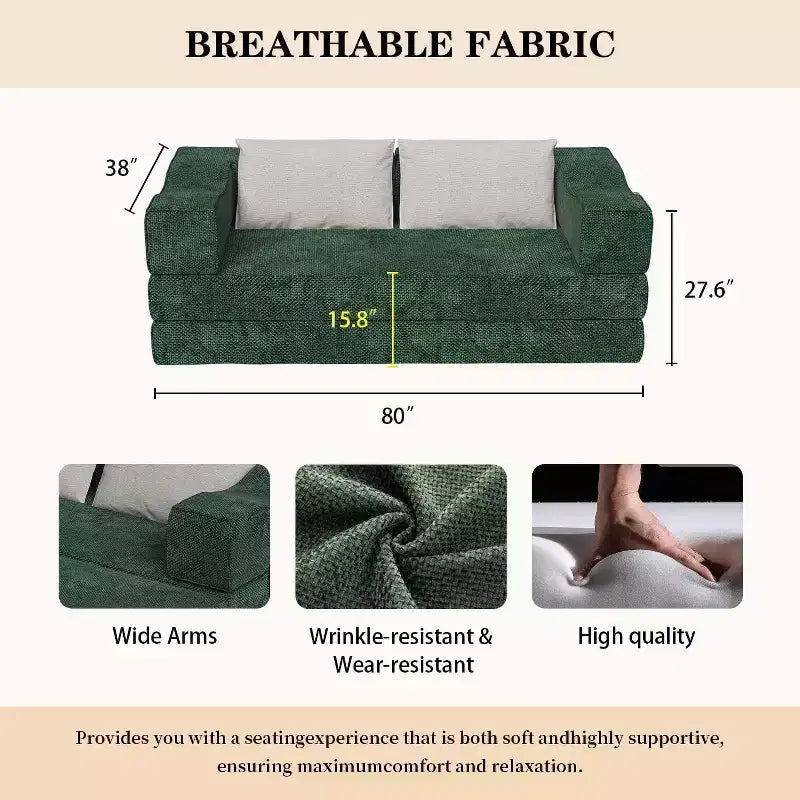 MooxvMoo 80 Convertible Couch Bed with 2 Pillows, 3-Seat Floor Sofa, King Size Sleeper, DIY Combination, Chenille, Green