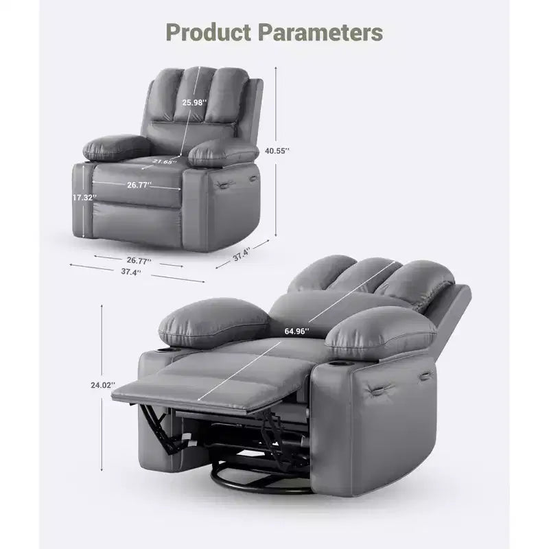 360 Swivel Rocker Recliner Chair, Manual PU Leather Overstuffed Single Sofa with Cup Holders & Side Pockets for Living Room, Bedroom, Nursery