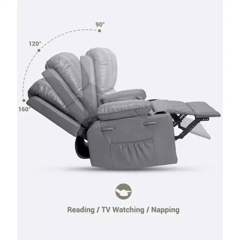 360 Swivel Rocker Recliner Chair, Manual PU Leather Overstuffed Single Sofa with Cup Holders & Side Pockets for Living Room, Bedroom, Nursery