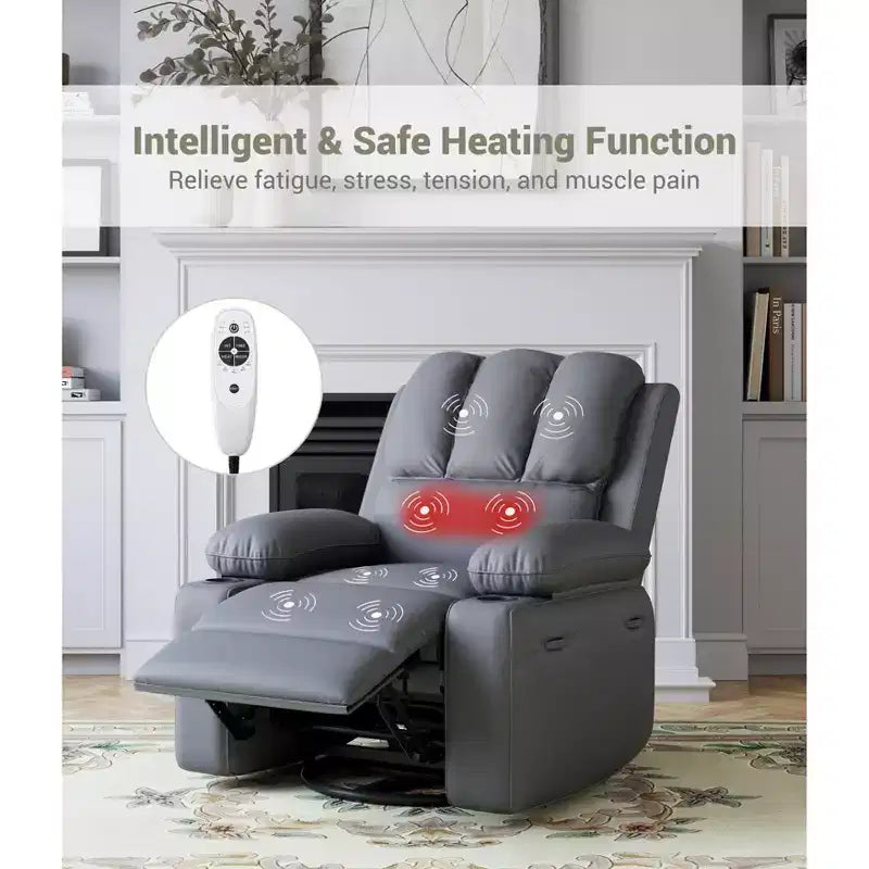 360 Swivel Rocker Recliner Chair, Manual PU Leather Overstuffed Single Sofa with Cup Holders & Side Pockets for Living Room, Bedroom, Nursery