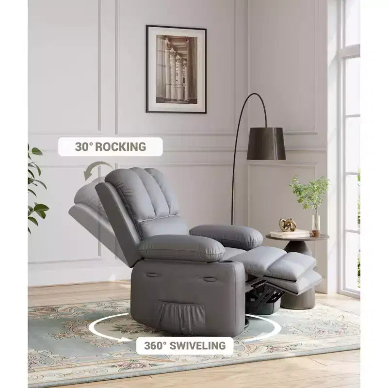 360 Swivel Rocker Recliner Chair, Manual PU Leather Overstuffed Single Sofa with Cup Holders & Side Pockets for Living Room, Bedroom, Nursery