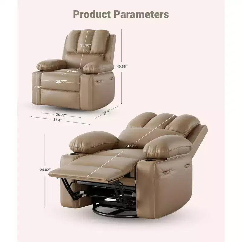 360 Swivel Rocker Recliner Chair, Manual PU Leather Overstuffed Single Sofa with Cup Holders & Side Pockets for Living Room, Bedroom, Nursery