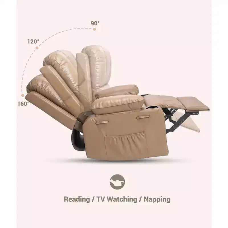 360 Swivel Rocker Recliner Chair, Manual PU Leather Overstuffed Single Sofa with Cup Holders & Side Pockets for Living Room, Bedroom, Nursery