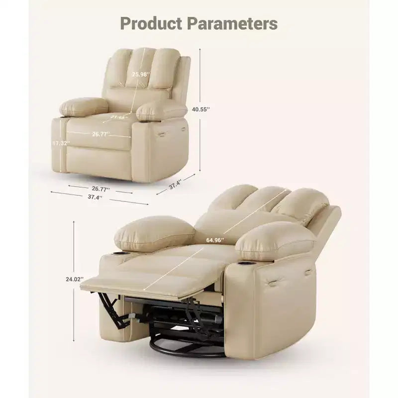 360 Swivel Rocker Recliner Chair, Manual PU Leather Overstuffed Single Sofa with Cup Holders & Side Pockets for Living Room, Bedroom, Nursery