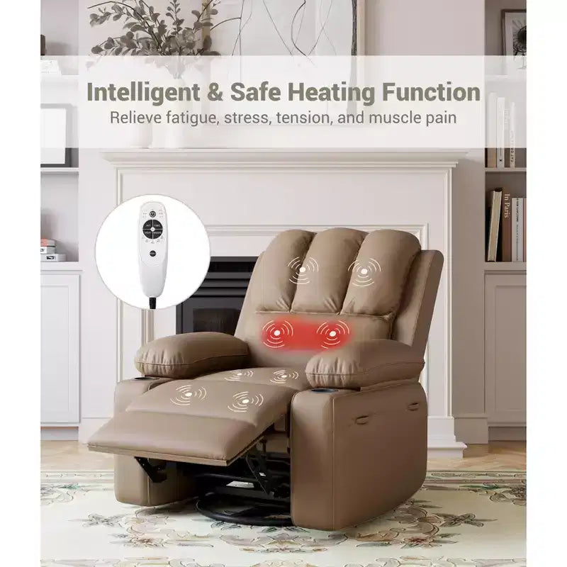 360 Swivel Rocker Recliner Chair, Manual PU Leather Overstuffed Single Sofa with Cup Holders & Side Pockets for Living Room, Bedroom, Nursery