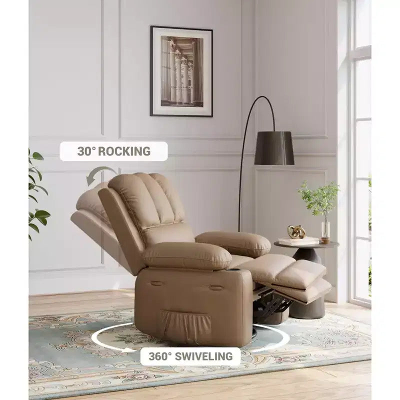 360 Swivel Rocker Recliner Chair, Manual PU Leather Overstuffed Single Sofa with Cup Holders & Side Pockets for Living Room, Bedroom, Nursery