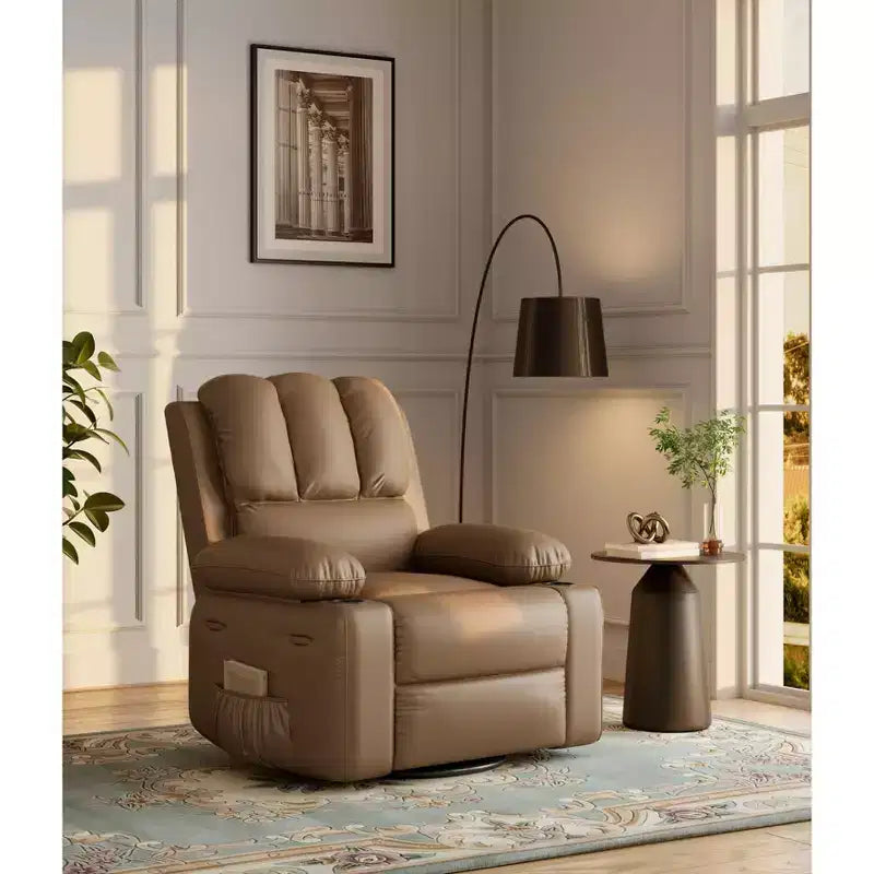 360 Swivel Rocker Recliner Chair, Manual PU Leather Overstuffed Single Sofa with Cup Holders & Side Pockets for Living Room, Bedroom, Nursery
