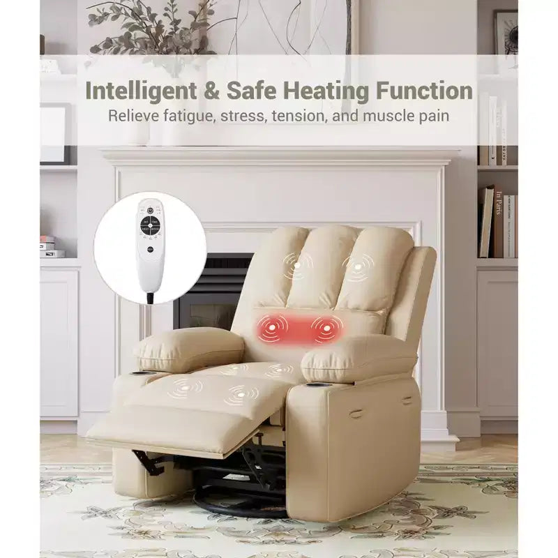 360 Swivel Rocker Recliner Chair, Manual PU Leather Overstuffed Single Sofa with Cup Holders & Side Pockets for Living Room, Bedroom, Nursery