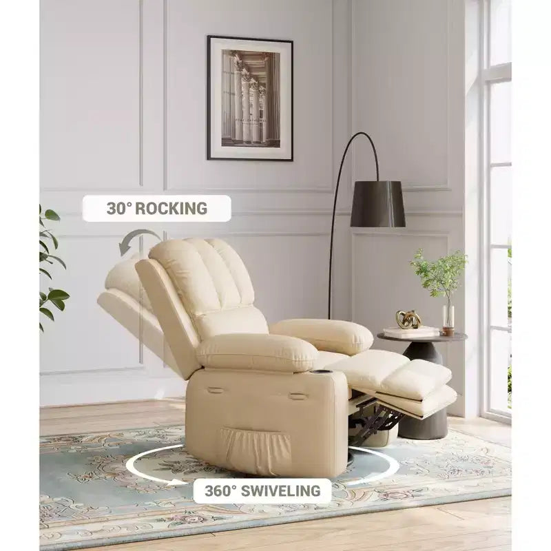 360 Swivel Rocker Recliner Chair, Manual PU Leather Overstuffed Single Sofa with Cup Holders & Side Pockets for Living Room, Bedroom, Nursery