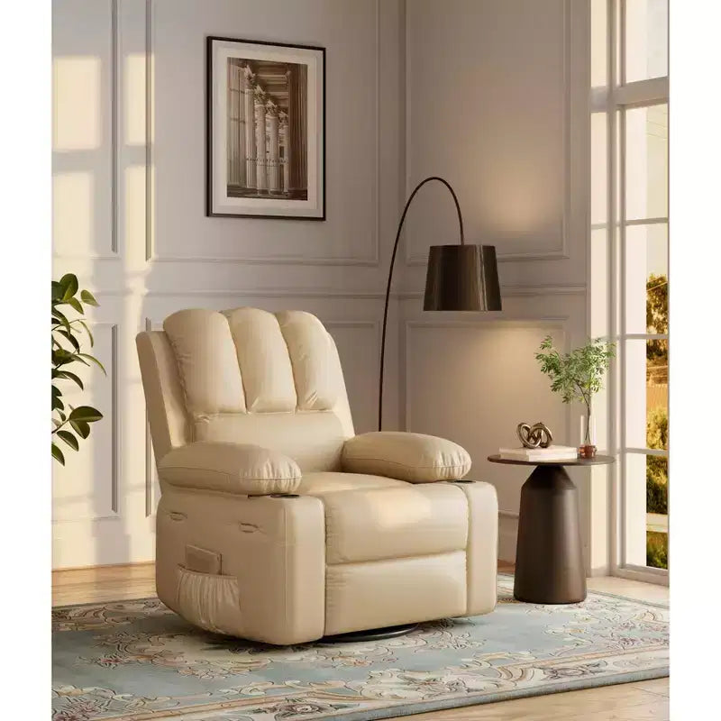 360 Swivel Rocker Recliner Chair, Manual PU Leather Overstuffed Single Sofa with Cup Holders & Side Pockets for Living Room, Bedroom, Nursery