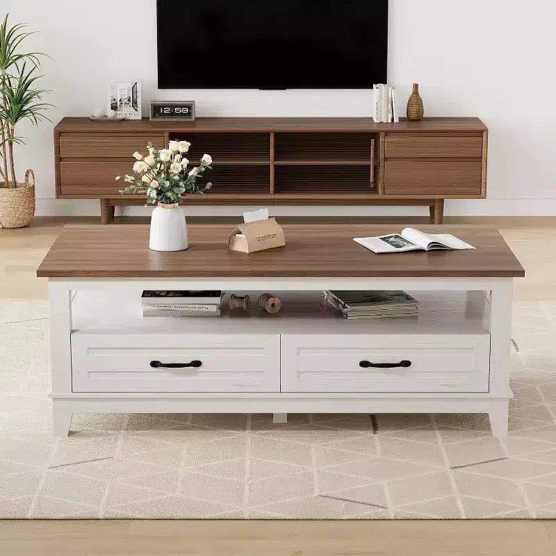 Coffee Table with Drawers, 47.2 Rustic Center Table with Open Shelf and 6 Support Legs, Large Living Room Table with Storage