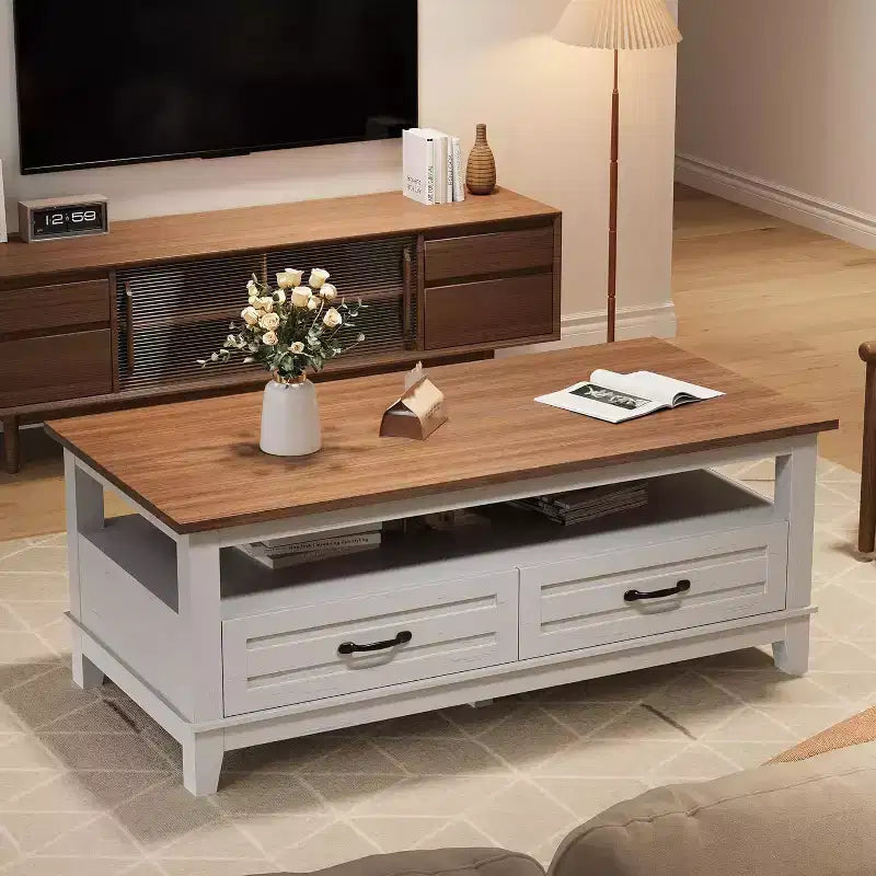 Coffee Table with Drawers, 47.2 Rustic Center Table with Open Shelf and 6 Support Legs, Large Living Room Table with Storage