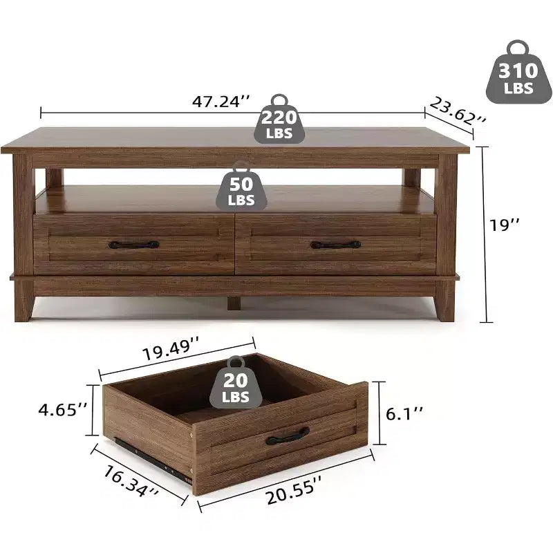 Coffee Table with Drawers, 47.2 Rustic Center Table with Open Shelf and 6 Support Legs, Large Living Room Table with Storage