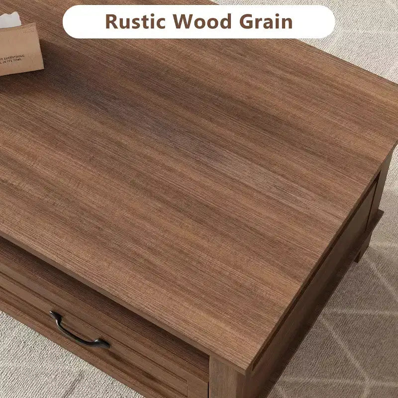 Coffee Table with Drawers, 47.2 Rustic Center Table with Open Shelf and 6 Support Legs, Large Living Room Table with Storage