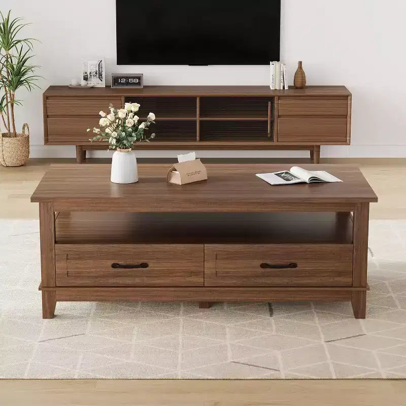 Coffee Table with Drawers, 47.2 Rustic Center Table with Open Shelf and 6 Support Legs, Large Living Room Table with Storage