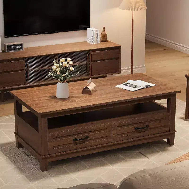 Coffee Table with Drawers, 47.2 Rustic Center Table with Open Shelf and 6 Support Legs, Large Living Room Table with Storage