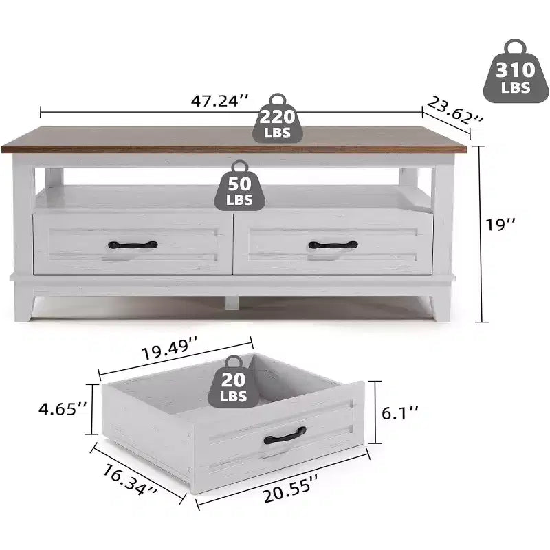 Coffee Table with Drawers, 47.2 Rustic Center Table with Open Shelf and 6 Support Legs, Large Living Room Table with Storage