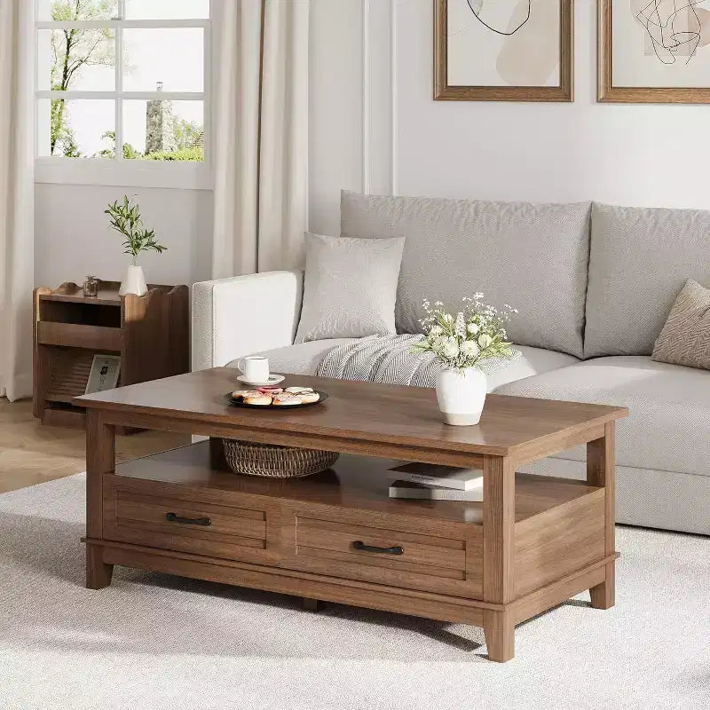 Coffee Table with Drawers, 47.2 Rustic Center Table with Open Shelf and 6 Support Legs, Large Living Room Table with Storage