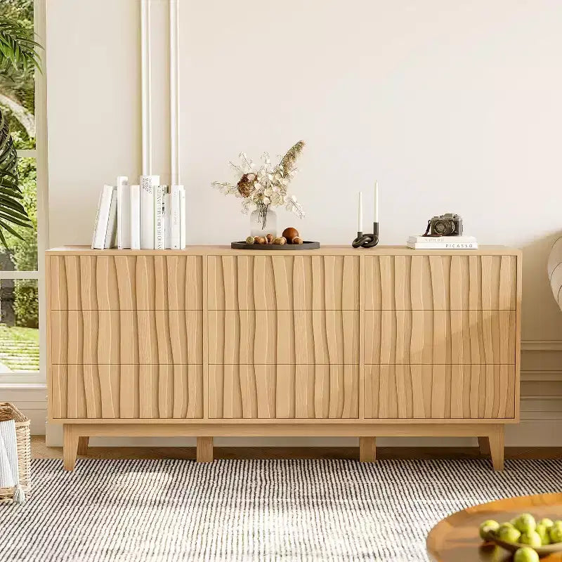 9 Drawer Dresser, Fluted Modern Wood Chest, Freestanding Wooden Storage Cabinet, for Living Room, Entryway