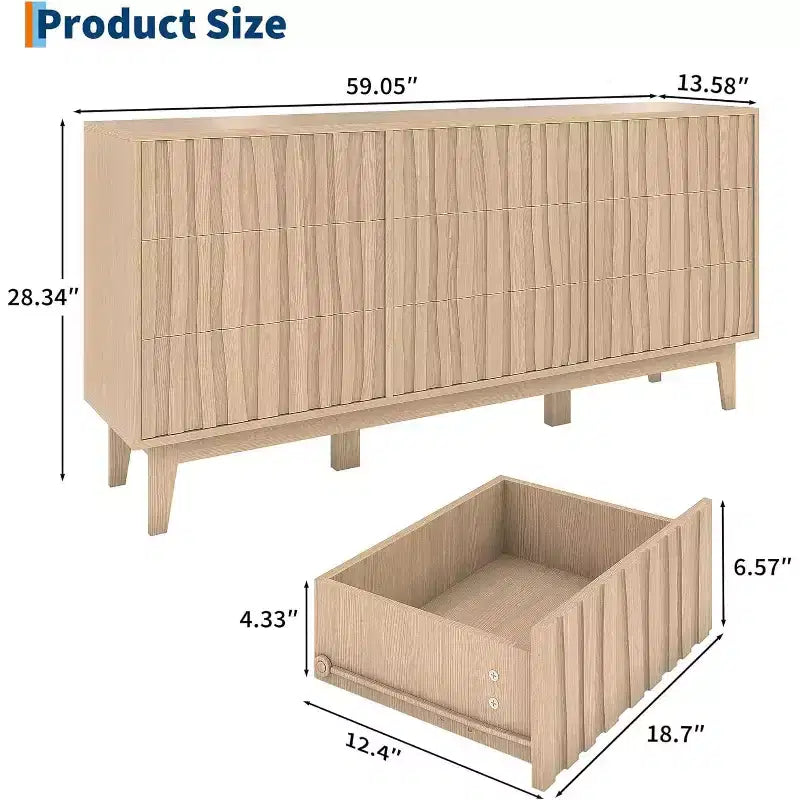 9 Drawer Dresser, Fluted Modern Wood Chest, Freestanding Wooden Storage Cabinet, for Living Room, Entryway