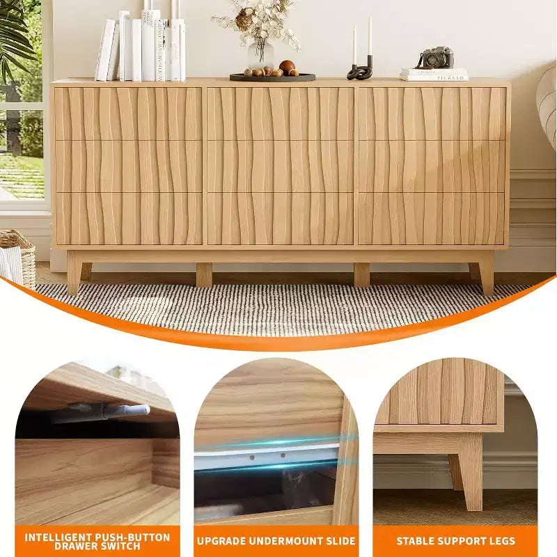 9 Drawer Dresser, Fluted Modern Wood Chest, Freestanding Wooden Storage Cabinet, for Living Room, Entryway