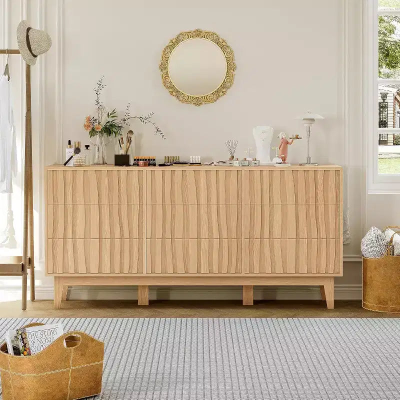9 Drawer Dresser, Fluted Modern Wood Chest, Freestanding Wooden Storage Cabinet, for Living Room, Entryway