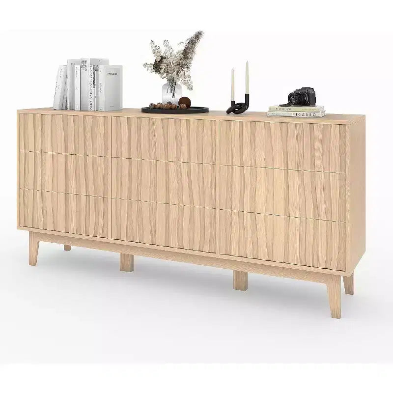9 Drawer Dresser, Fluted Modern Wood Chest, Freestanding Wooden Storage Cabinet, for Living Room, Entryway