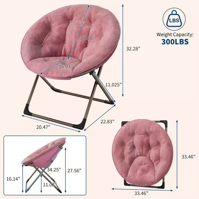 Fauteuil soucoupe, fauteuil lune en peluche surdimensionné avec cadre métallique pliant, siège confortable pour adolescents, adultes et dortoirs, rose