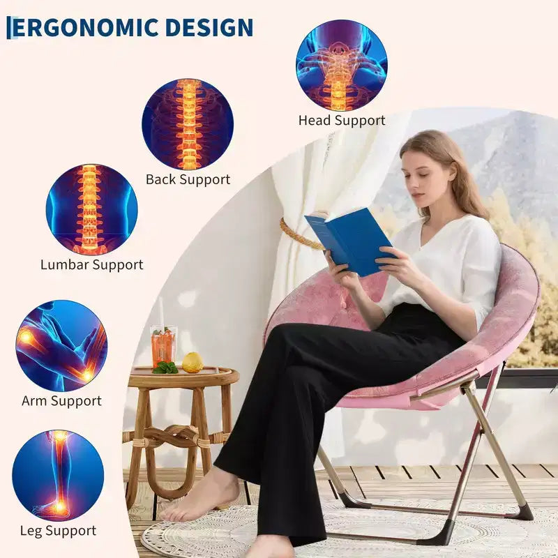 Fauteuil soucoupe, fauteuil lune en peluche surdimensionné avec cadre métallique pliant, siège confortable pour adolescents, adultes et dortoirs, rose