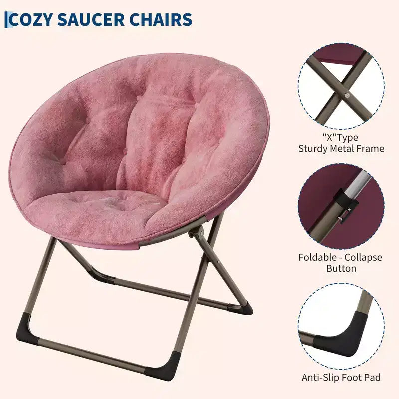 Fauteuil soucoupe, fauteuil lune en peluche surdimensionné avec cadre métallique pliant, siège confortable pour adolescents, adultes et dortoirs, rose