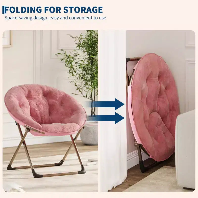 Fauteuil soucoupe, fauteuil lune en peluche surdimensionné avec cadre métallique pliant, siège confortable pour adolescents, adultes et dortoirs, rose