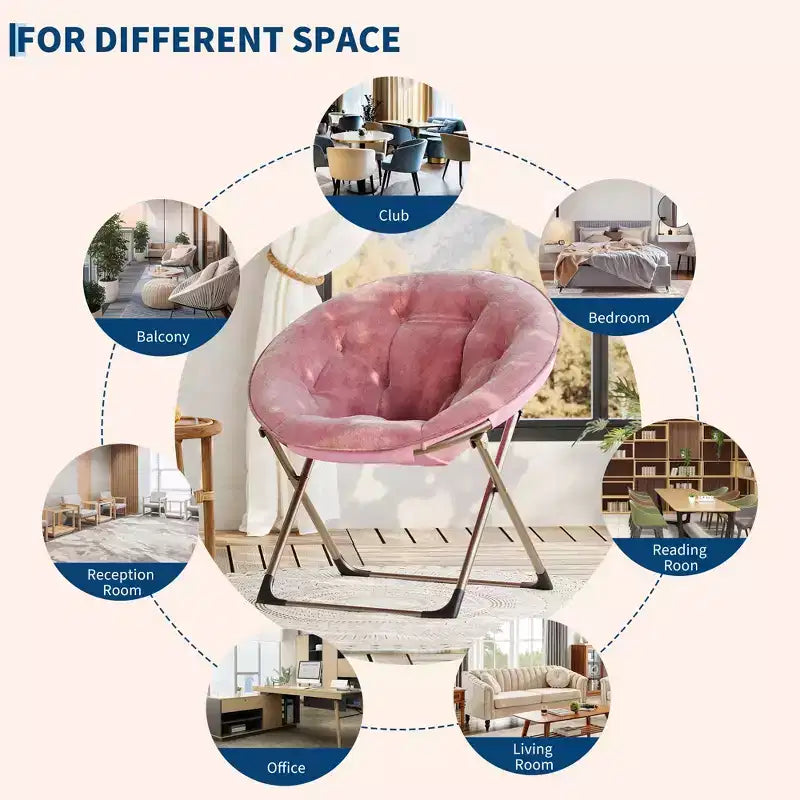 Fauteuil soucoupe, fauteuil lune en peluche surdimensionné avec cadre métallique pliant, siège confortable pour adolescents, adultes et dortoirs, rose