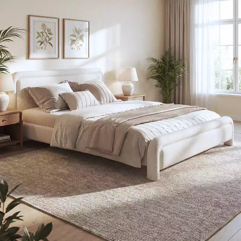 ModernLuxe Queen/King Size Upholstered Platform Bed with Curved Headboard, Solid Bed Frame, No Box Spring Needed, White