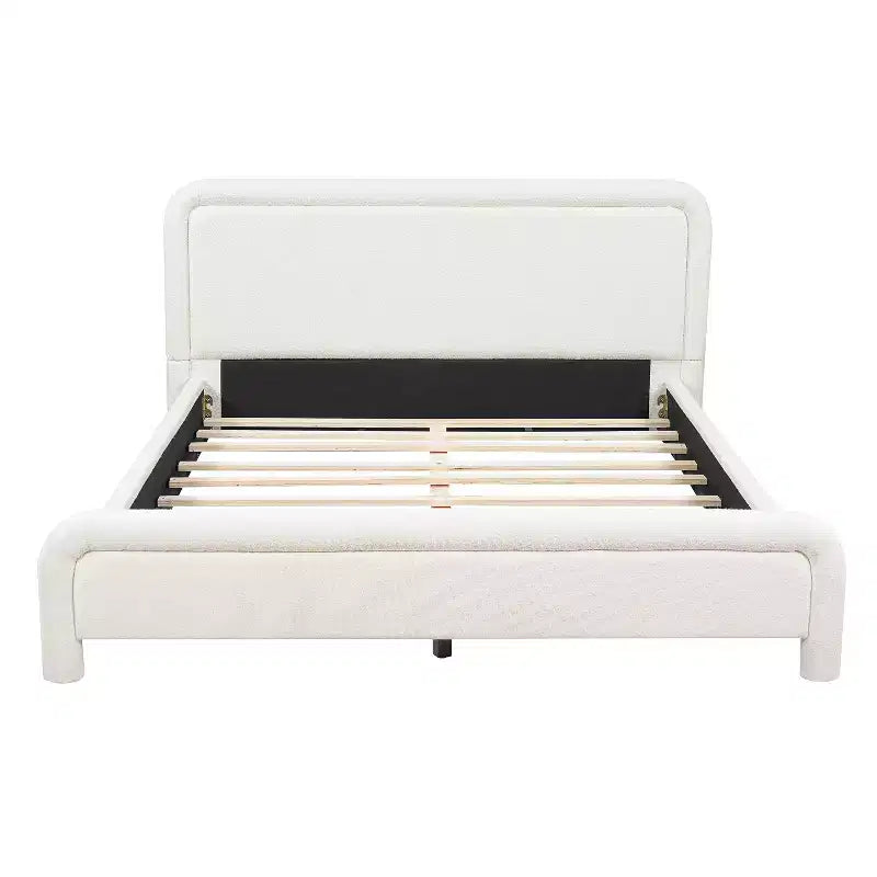 ModernLuxe Queen/King Size Upholstered Platform Bed with Curved Headboard, Solid Bed Frame, No Box Spring Needed, White