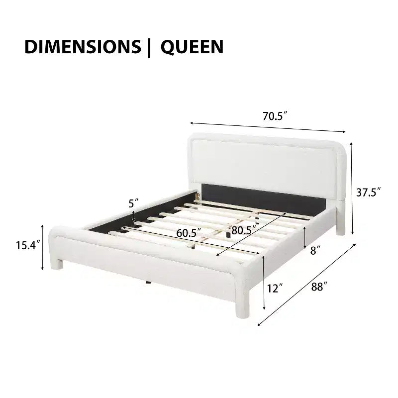 ModernLuxe Queen/King Size Upholstered Platform Bed with Curved Headboard, Solid Bed Frame, No Box Spring Needed, White