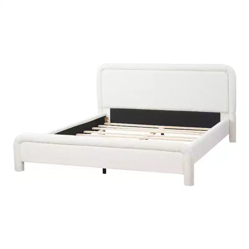 ModernLuxe Queen/King Size Upholstered Platform Bed with Curved Headboard, Solid Bed Frame, No Box Spring Needed, White