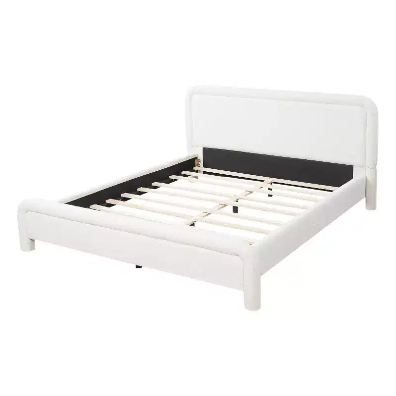 ModernLuxe Queen/King Size Upholstered Platform Bed with Curved Headboard, Solid Bed Frame, No Box Spring Needed, White