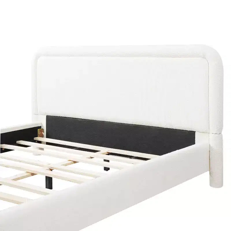 ModernLuxe Queen/King Size Upholstered Platform Bed with Curved Headboard, Solid Bed Frame, No Box Spring Needed, White