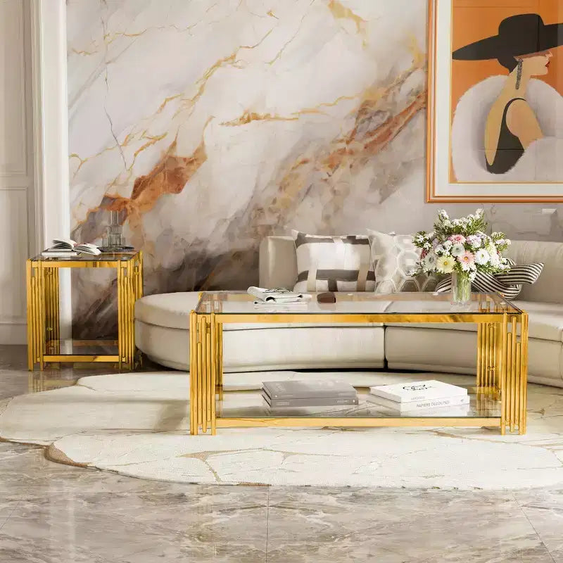 Whisen 3-Piece Modern Coffee Table & End Table Set with Tempered Glass Top & Asymmetrical Metal Base