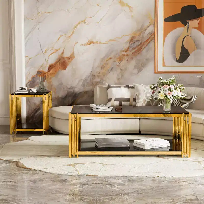 Whisen 3-Piece Modern Coffee Table & End Table Set with Tempered Glass Top & Asymmetrical Metal Base