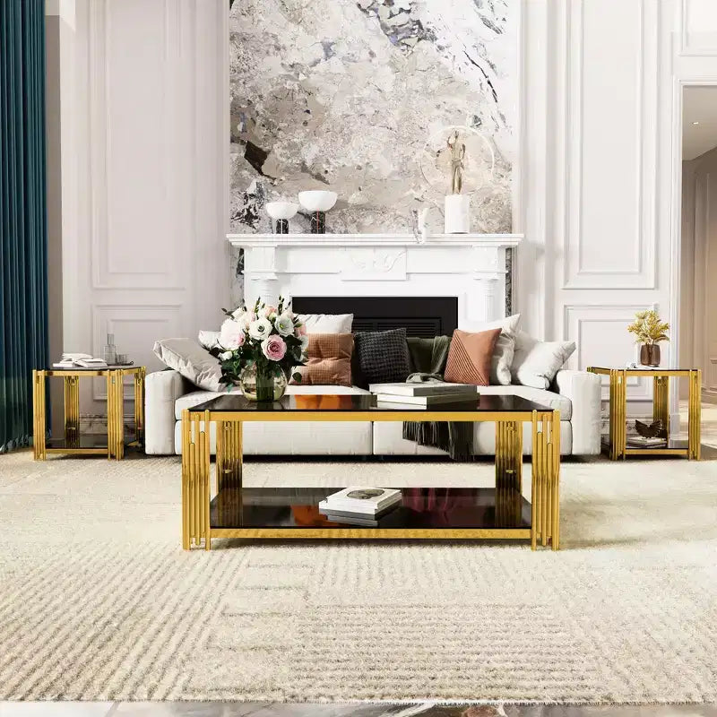 Whisen 3-Piece Modern Coffee Table & End Table Set with Tempered Glass Top & Asymmetrical Metal Base