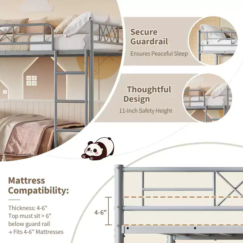 Lit superposé simple avec garde-corps extra-haut, cadre métallique robuste et lattes solides, sans sommier tapissier requis