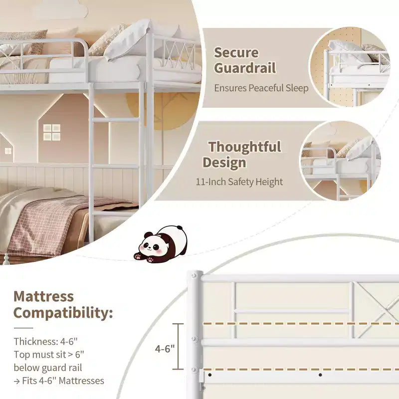 Lit superposé simple avec garde-corps extra-haut, cadre métallique robuste et lattes solides, sans sommier tapissier requis