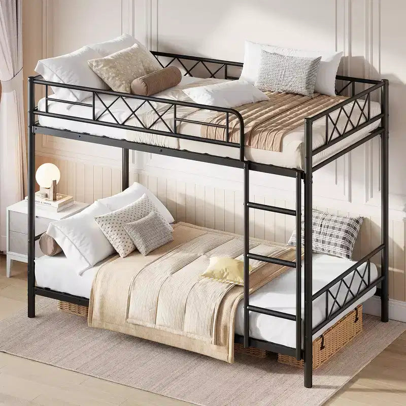 Bunk Bed Twin Over Twin with Extra High Guardrail, Heavy Duty Metal Frame & Sturdy Slats, No Box Spring Needed