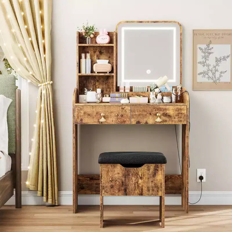 Vanity Desk with Mirror, Small Makeup Vanity Table Set with Storage Drawers & Chair, 3 Lighting Modes, Dressing Table for Women Girls