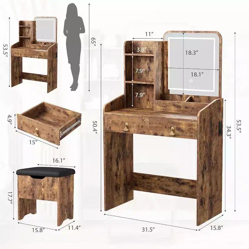Vanity Desk with Mirror, Small Makeup Vanity Table Set with Storage Drawers & Chair, 3 Lighting Modes, Dressing Table for Women Girls