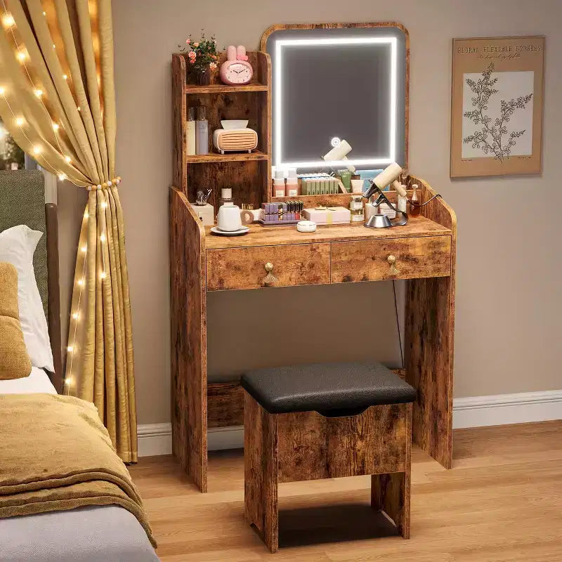 Vanity Desk with Mirror, Small Makeup Vanity Table Set with Storage Drawers & Chair, 3 Lighting Modes, Dressing Table for Women Girls