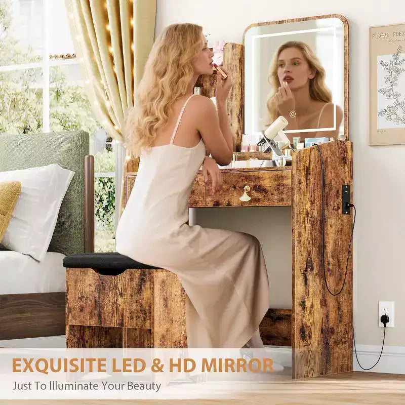Vanity Desk with Mirror, Small Makeup Vanity Table Set with Storage Drawers & Chair, 3 Lighting Modes, Dressing Table for Women Girls