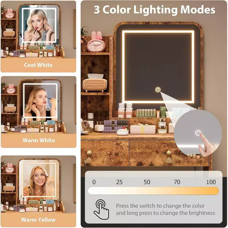 Vanity Desk with Mirror, Small Makeup Vanity Table Set with Storage Drawers & Chair, 3 Lighting Modes, Dressing Table for Women Girls